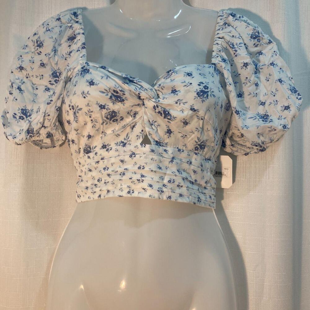 Altard state Floral Puff Sleeve Sweetheart Crop Top Ivory/Blue Women's SZ M NWT